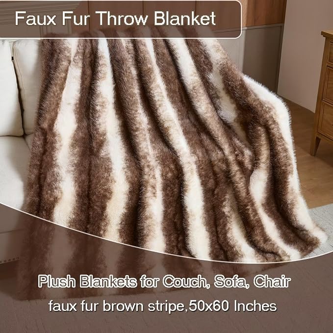 Luxury Fluffy Faux Fur Throw Blanket,Thick Fluffy Silky Fuzzy Cozy Blanket,Plush Blankets for Couch, Sofa, Chair, Bed-Faux Fur Brown Stripe 50 * 60inch