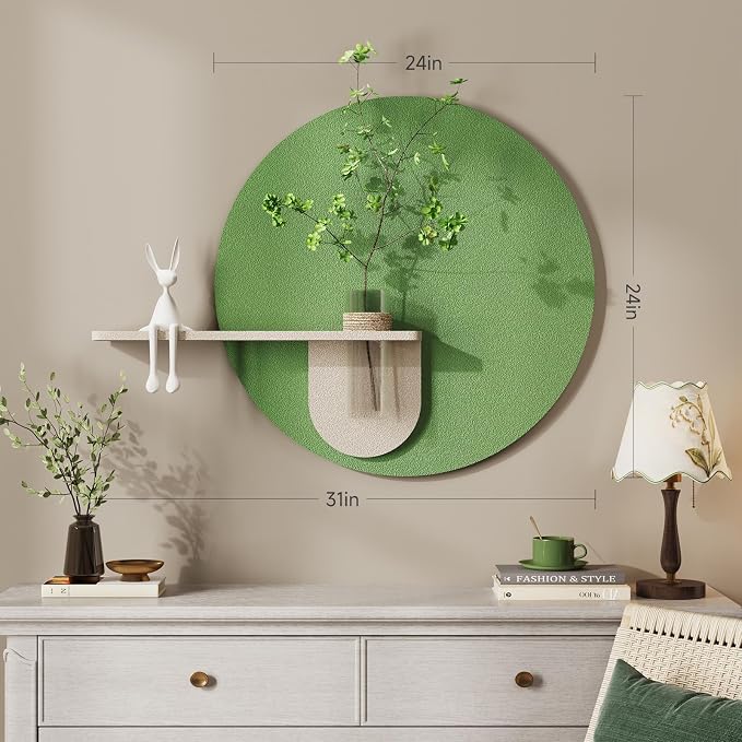 3D Sage Green Round Wall Art Decor with Shelf, Minimalist Green Sandstone Textured Artwork for Walls, Aesthetic Circle Wall Decor for Living Room, Hallway, Dining Room, Bedroom, Office, 24x24 Inch