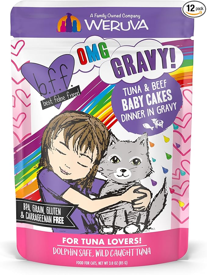 Weruva B.F.OMG - Best Feline Friend Oh My Gravy!, Tuna & Beef Baby Cakes with Tuna & Beef in Gravy Cat Food, 3oz Pouch (Pack of 12), Purple (0152)