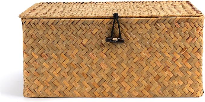 Nonam Small Basket with Lid, Natural Seagrass Bin with Lid, Shelf Baskets Multipurpose Container for Boho Decoration, Rectangular Household Storage Boxes for Home Organization-Natural