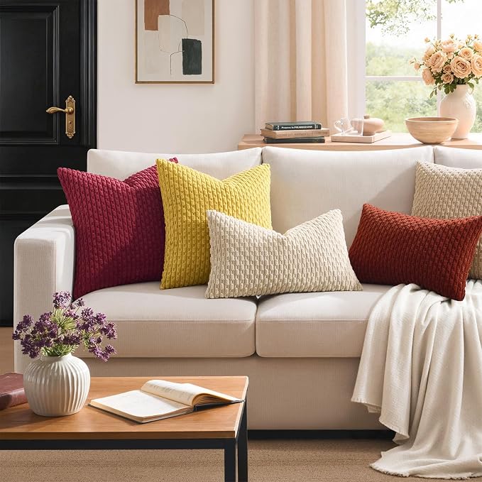 Kevin Textile Soft Corduroy 16"x24" Lumbar Pillow Cover 1 Pack, Burnt Brick | Fall Boho Stripe Plush Corduroy Decorative Oblong Cushion Cover Modern Farmhouse Home Decor for Sofa Couch Bed Chair