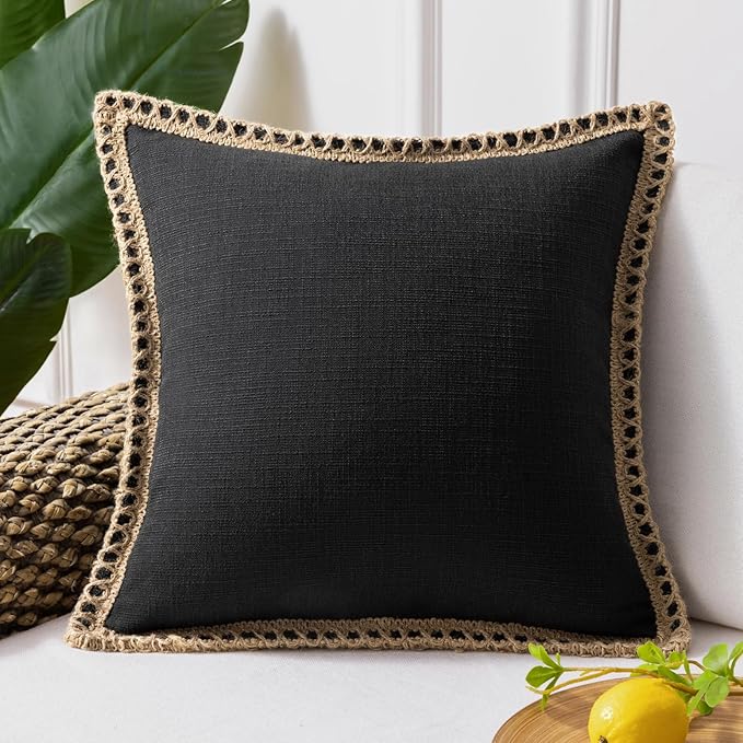 Phantoscope Farmhouse Solid Throw Decorative Pillow Cover Burlap Linen Trimmed Tailored Edges Outdoor Pillow Black 1 Pack 18 x 18 inches, 45 x 45 cm