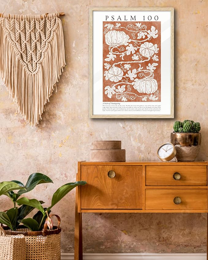 EcoHest 16x20in Psalm 100 Pumpkin Thanksgiving Botanical Christian Wall Art | Solid Oak Wood Frame with Canvas Wall Art, Fall Scripture Bible Verse Decor for Bedroom, Living Room, Office, Church, 1Pack