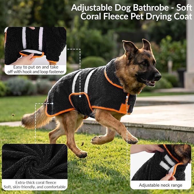 Bienbee Dog Bathrobe, Super Absorbent for Small to Large Dogs, Black 2XL | Dog Robes with Soft Fleece, Warm & Cozy, Adjustable Fit, and Quick Drying Coat for Baths Swimming and Grooming