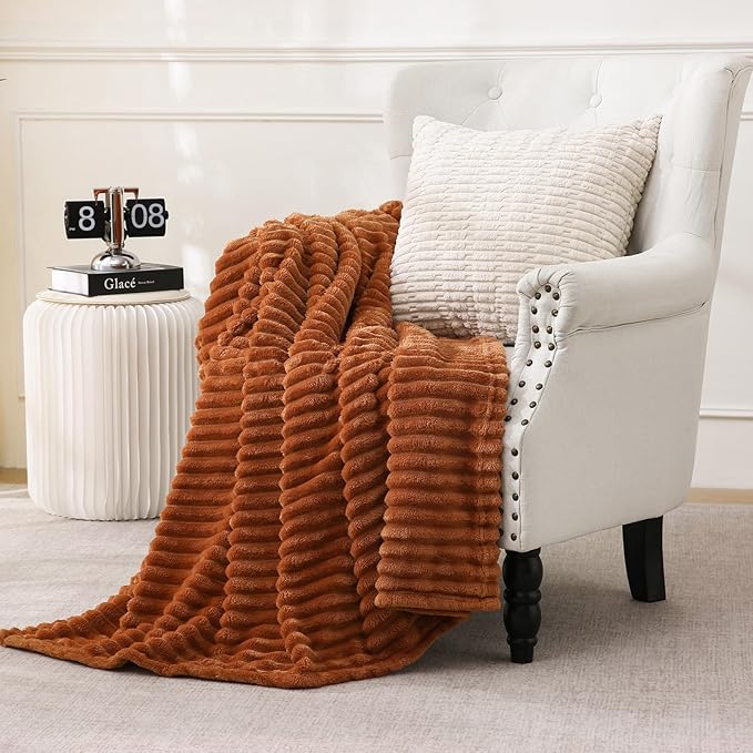 Burnt Orange Fleece Throw Blanket 90”×90” for Couch Sofa Livingroom | Linecooo Super Soft Cozy Plush Microfiber Flannel Bed Blanket Striped Design Lightweight Home Decor Gifts for Adult Mom Women