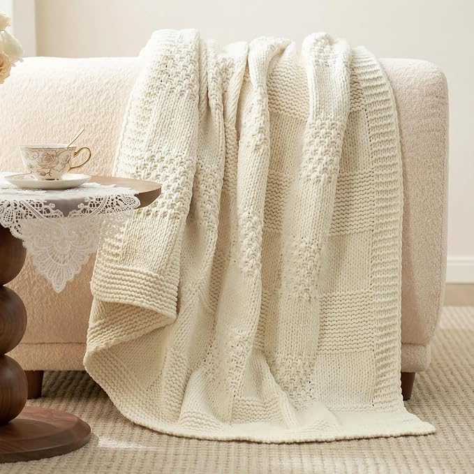 Knit Throw Blanket, Soft Chenille Cozy Breathable Checkered Chunky Decorative Blanket for Couch, Bed & Sofa, French-Inspired Lightweight Warm Gift for Women, Ivory, 50"x60"