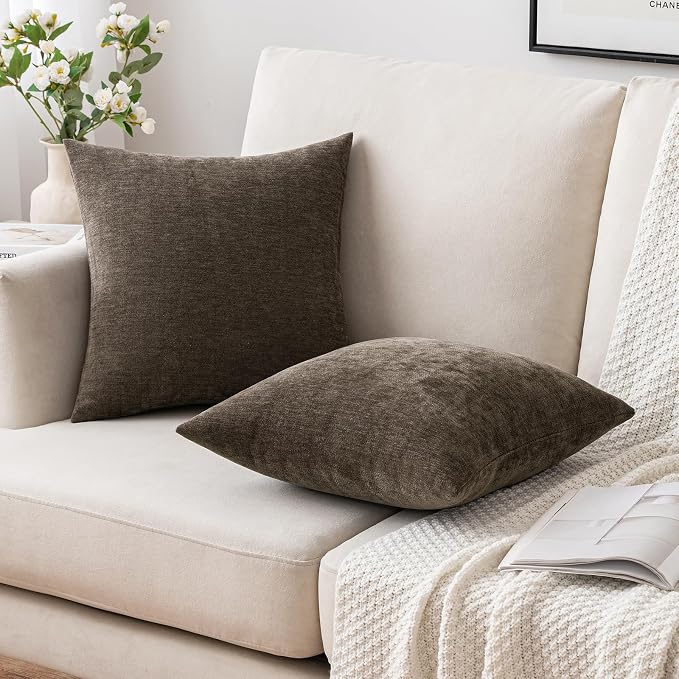 MIULEE Pack of 2 Brown Decorative Pillow Covers 18x18 Inch | Soft Chenille Couch Throw Pillows Farmhouse Cushion Covers for Home Decor Sofa Bedroom Living Room