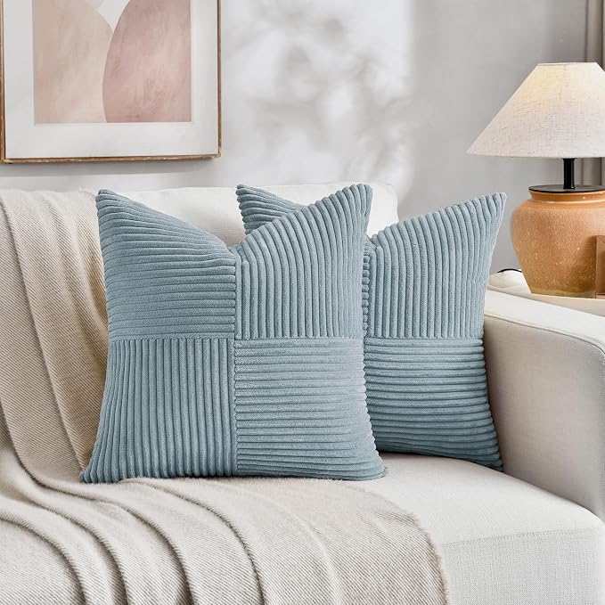 Fancy Homi Set of 1 Light Blue Square Decorative Throw Pillow Covers 20x20 Inch for Living Room Bedroom Couch Bed Sofa, Soft Striped Corduroy Modern Rectangle Accent Cushion Case 50x50 cm