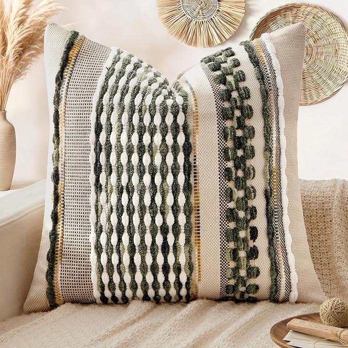 ANRODUO Boho Decorative Pillow Covers Olive Green Stripe 18x18 Pack of 1 | Throw Pillow Covers, Farmhouse Cushion Case, Chenille Pillow Cases, Pillow Covers, Accent Neutral Pillowcase for Couch Bed