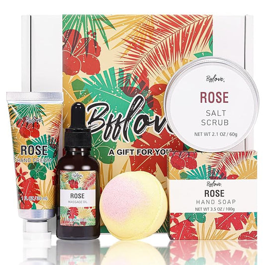 Spa Gifts for Women, Gift Set, Self Care Kit, Birthday Gifts, 5pc Rose Bath Sets Include Massage Oil, Bath Bomb, Salt Scrub, Soap, Hand Cream, Mother's Day Gifts for Mom