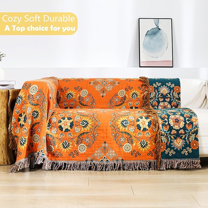 VANJOROY Boho Large Throw Blanket, 100% Organic Cotton Breathable Soft Bed Throw - Floral Farmhouse Decor Blanket for Sofa Couch Chair and Gift. 91" x 98"- Orange