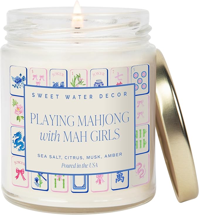 Sweet Water Decor Mahjong Candle, Mahjong Gifts for Women, 9oz Jar with Gold Lid, 40 Hour Burn Time, Non-Toxic Soy Wax Candle Scent Notes of Sea Salt, Citrus, Musk & Amber, Unique Game Night Decor