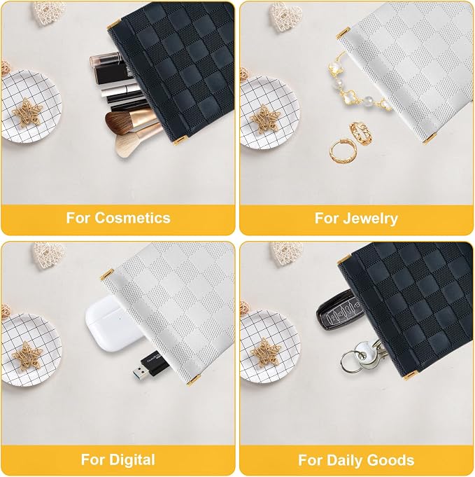 2 PCS Small Makeup Bag for Women, Small Pouches for Purse,Mini Checkered Cosmetic Bag Waterproof Pouch for Travel Storage bag, for Cosmetics Headphones Jewelry Cosmetic Lipstick Coins (Black, White)