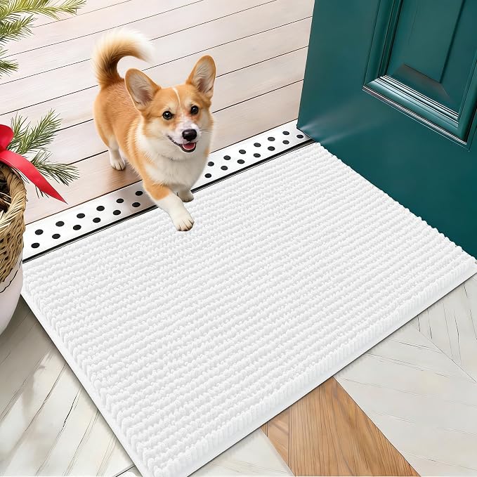 OLANLY Dog Door Mat for Muddy Paws 24x16, Extra Absorbent Chenille Mud Mat | White, Absorbs Moisture and Dirt, Non-Slip Machine Washable Doormat, Quick-Drying Indoor Entryway Floor Mat for Dogs