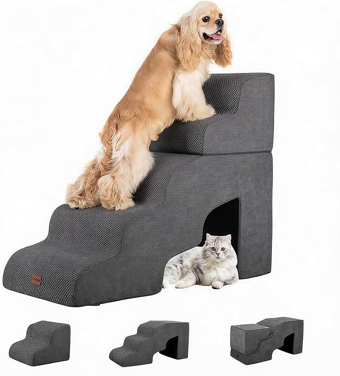 Garnpet Dog Stairs for Bed with Tunnel, 5-Step Dog Steps for Small Dogs and Cats, Non-Slip Indoor Pet Stair for Couch and Sofa, Dark Grey