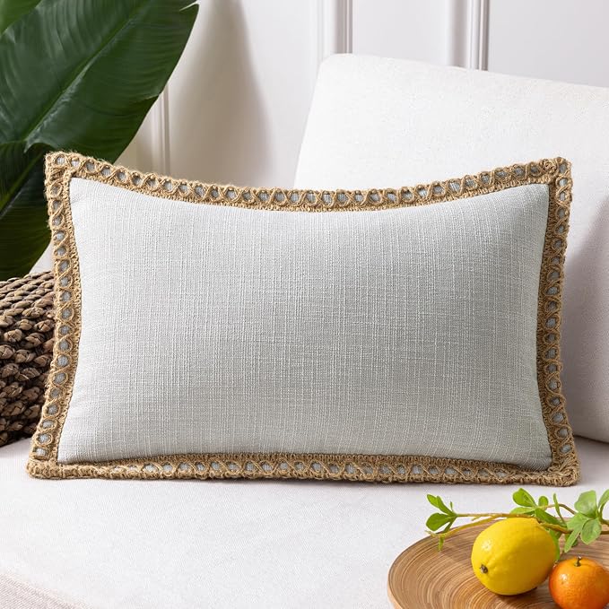 Phantoscope Farmhouse Lumbar Pillow Cover 12x20, Outdoor Burlap Decorative Cushion Case with Jute Trim for Couch, Patio, Bedroom, Flax Gray