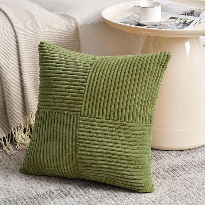 Fancy Homi Moss Green Euro Decorative Throw Pillow Covers 28x28 Inch for Bedroom Couch Bed, Farmhouse Boho Home Decor, Soft Corss Corduroy Patchwork Textured Square Cushion Case 71x71 cm