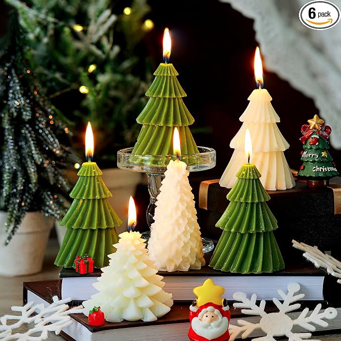 Conelist 6 Pcs Christmas Tree Candles Christmas Tree Shaped Taper Candles Decorative Xmas Wax Scented Candlesticks for Xmas Eve Winter Holiday Home Table Decoration Gift(White,Green,Classic Style)