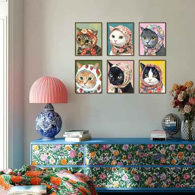 Funny Cat Poster Set of 6, Whimsical Babushka Cats Wall Art Eclectic Lover Cat Pictures Decor, Quirky Animal Pictures Canvas Painting Prints Aesthetic for Bedroom Living Room 12x16 inch Unframed