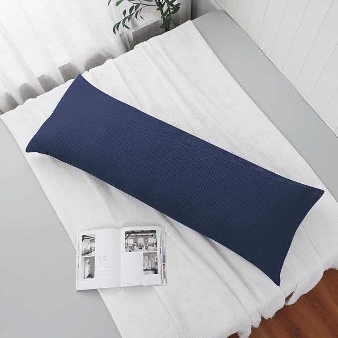 100% Egyptian Cotton 600 TC Waffle Weave Body Pillowcase with Zipper | 1 Pack Ultra Soft Breathable Pillow Cover, Skin-Friendly Bed Pillow Sham, Body Pillow Case Cover, Navy Blue, 20" x 54"