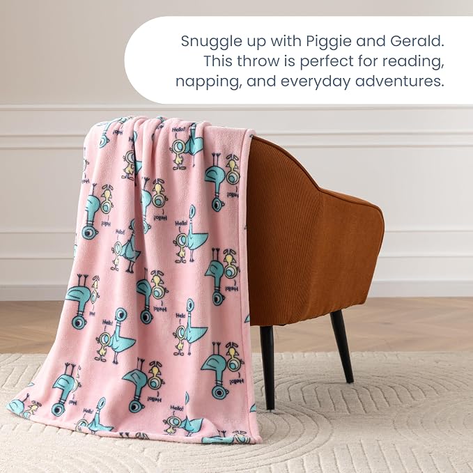 Berkshire Mo Willems® VelvetLoft® Throw Blanket - Super Soft Plush Elephant & Piggie Character Design - Cozy Home Decor, Pigeon Hello Print Pink, 50 in x 70 in(Official Mo Willems® Product)