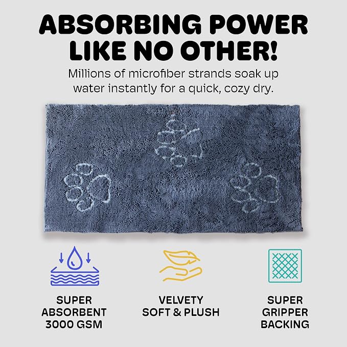 Dog Gone Smart Dirty Dog Doormat Runner - Mist Grey, 60 x 30 inches | Fast Drying Rug with Super Gripper Backing for Clean Floors - Absorbent Microfiber and Machine Washable Mat for Muddy Paws