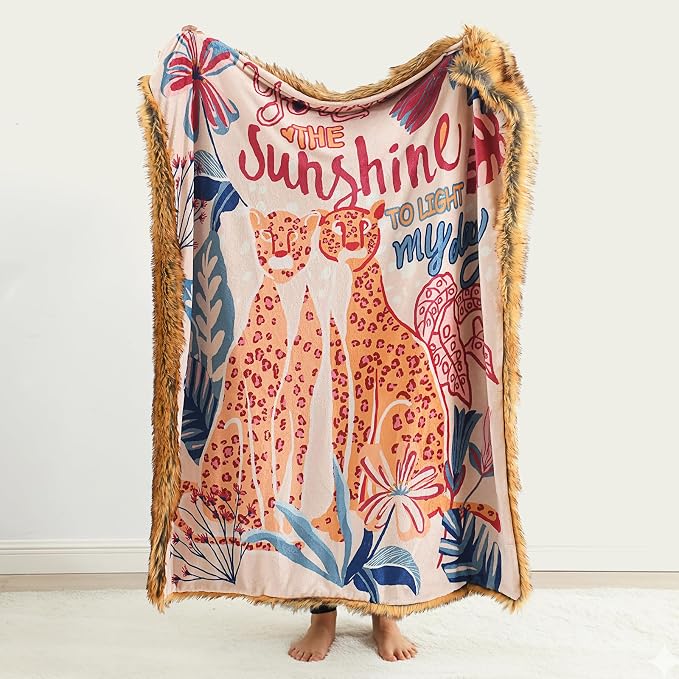 HORIMOTE HOME Reversible Faux Fur Throw Blanket, with Cheetah and Tropical Plants Printed Pattern, Decorative Fluffy Throw Blanket for Couch Bed Sofa, Birthday Gifts for Women, 50'' x 60''