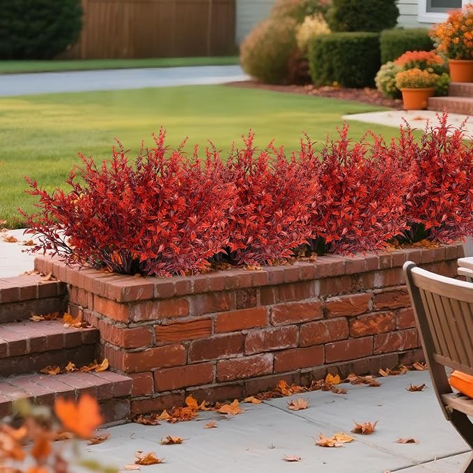RECUTMS Fake Fall Plastic Flowers Artificial Plants UV Resistant Flowers | 12Pc,Fall Burgundy Decor,Fake Autumn Plants Faux Outdoor Plastic Faux Greenery for Party Yard Balcony Thanksgiving Decoration