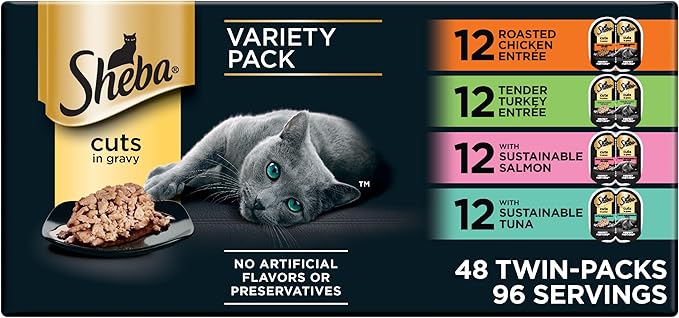 Sheba Perfect Portions Cuts Wet Cat Food, Variety Pack, 2.6 oz, 48 ct | Cuts in gravy, chicken/turkey/salmon/tuna, snap-peel-serve twin packs trays, no corn/soy, 96 servings, no artificial flavors