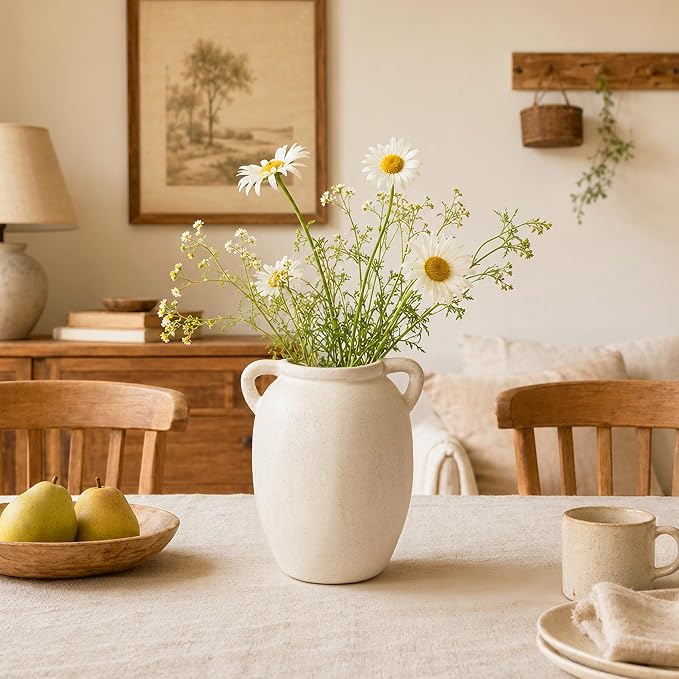 DREAMLOOM 7.6 Inch Ceramic Flower Vase, White | Double Handles, Farmhouse Vintage, Pottery Terracotta, Home Decor, Living Room Dining Table Wedding Centerpieces