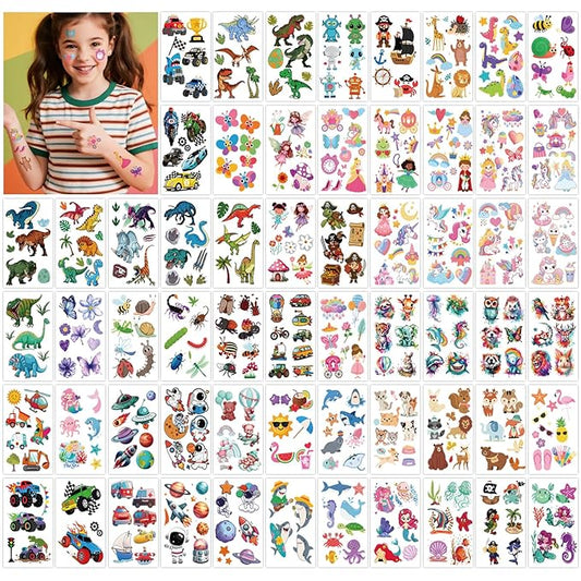326+ PCS Kids Temporary Tattoos, 60 Sheets Small Watercolor Fake Tattoos with Mermaid, Truck, Animal, Princesses, Pirate, Dinosaur, Alien, Butterfly Mixed Styles Stickers for Boys and Girls Gifts