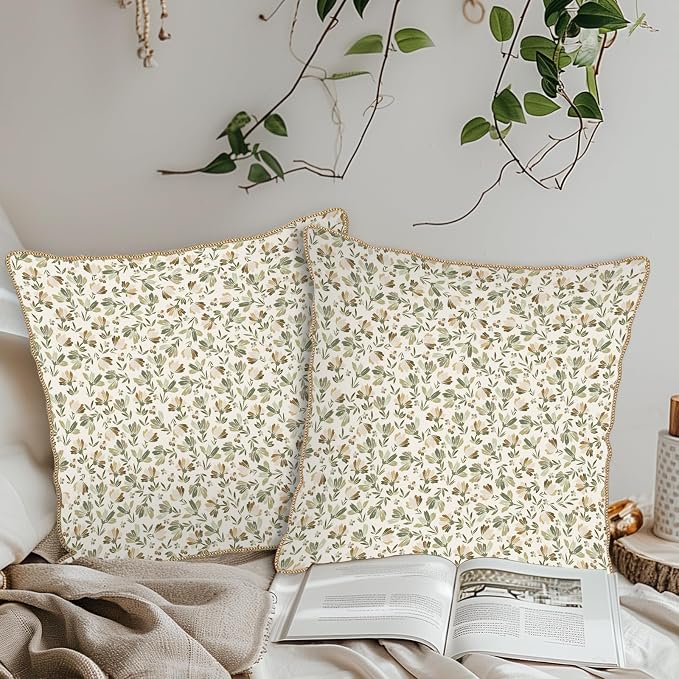 KSLIDS Sage Green Beige Floral Soft Velvet Throw Pillow Covers Set of 2 Vintage Brown Flower Decorative Pillow Covers 16x16 Inch Rustic Pillow Case for Sofa Couch Bedroom Farmhouse Home Decor