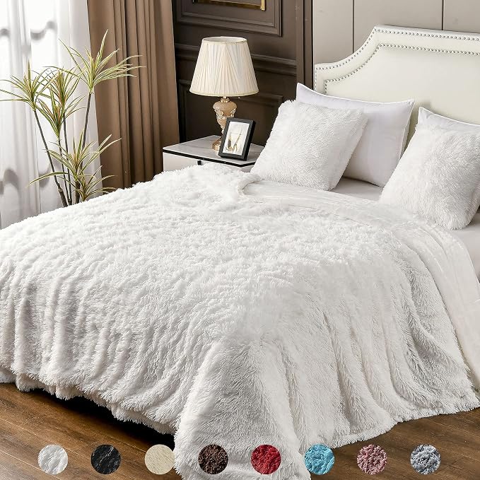 YUSOKI Long Faux Fur Twin Size Blanket, White, 60" x 80" | Ultra Soft, Lightweight for All Season Use, stays fluffy after repeated washes, Perfect Gifts, Machine Washable