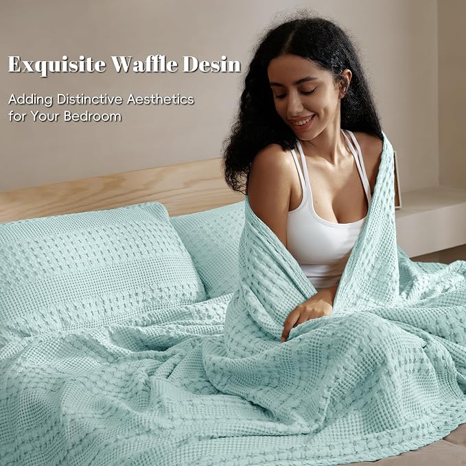 PHF 100% Cotton Waffle Weave Blanket Queen Size, Lightweight Breathable Summer Blanket for Hot Sleepers, Pre-Washed Soft Layer for Bed, Couch, Aesthetic Home Decor & Gift, 90"x90", Mint