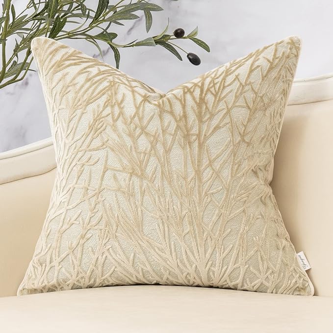 Beige Twigs Greenish Throw Pillow Cover Branches Velvet Cushion Case Neutral Pillowcase for Sofa Couch Bedroom Living Room Home Decor,20x20 Inch