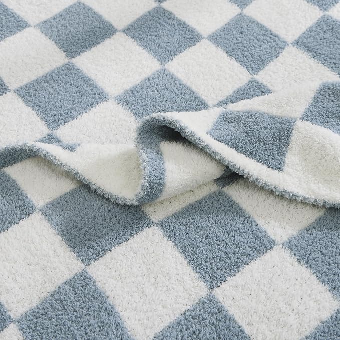 Soft Twin Size Checkered Blanket for Bed-Cozy Knitted Blankets | Lightweight Fluffy Warm Decor for Women, Mom, Her & Girls, Sofa, Chair, Couch, 60x80in,Grey Blue