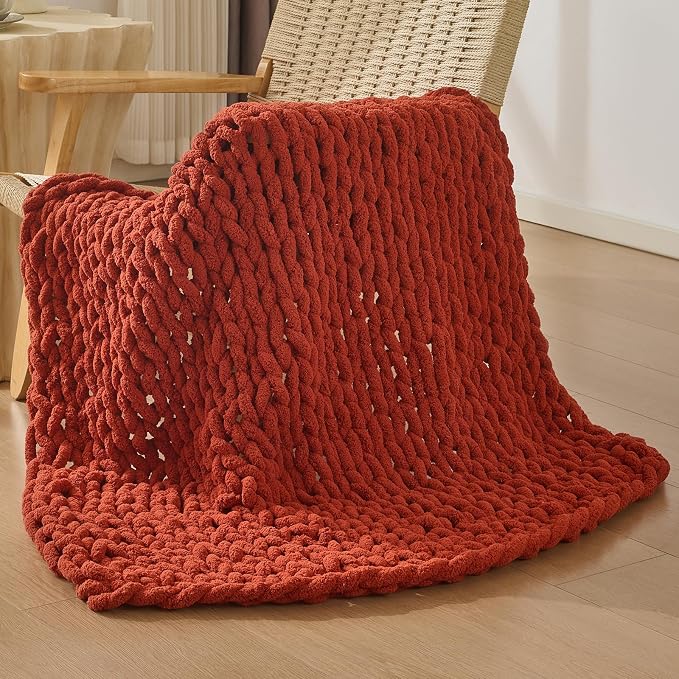 Bigacogo Chunky Knit Throw Blanket for Couch, 40x40 inches, Rust Red | Hand Knit with Jumbo Chenille, Soft Breathable Cable Knit for Sofa Bed Living Room, Machine Washable, Gift for Mom Friend