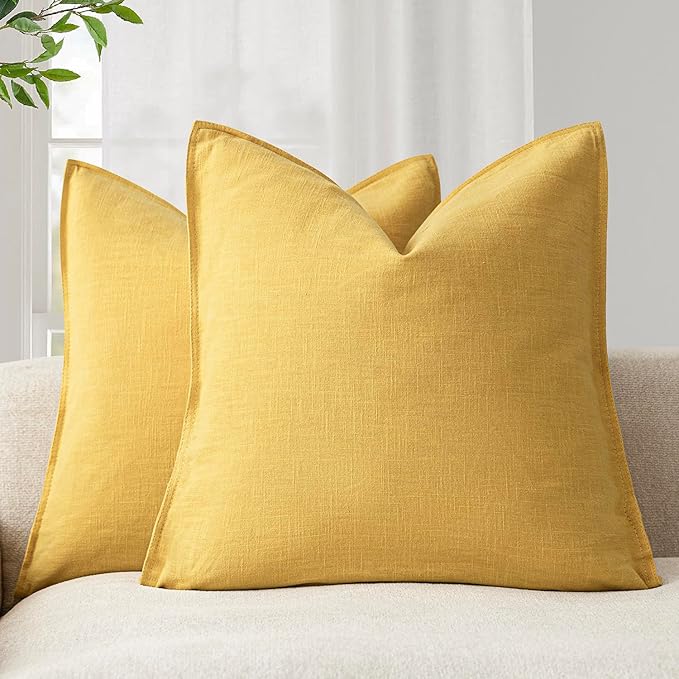 Foindtower Pack of 2, Decorative Linen Solid Throw Pillow Covers Soft Accent Euro Cushion Case Farmhouse Neutral Pillowcase for Chair Couch Sofa Bed Living Room Home Decor 20 x 20 Inch Ginger Yellow
