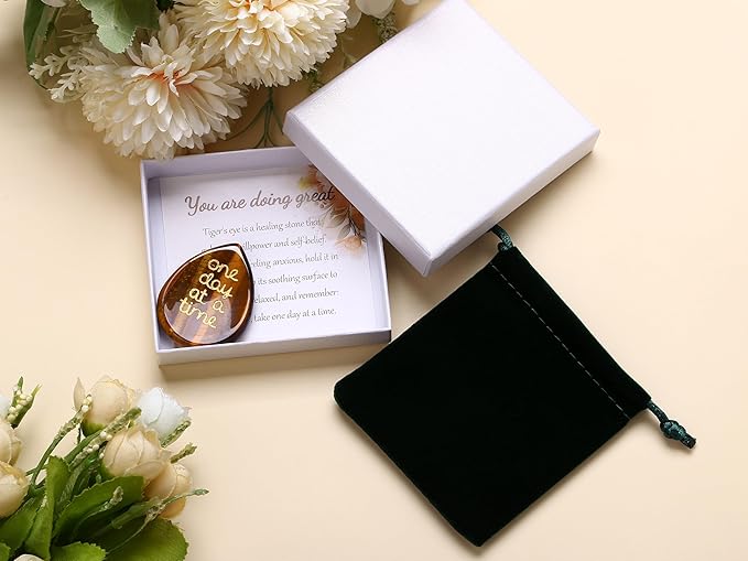 LAIDANLA Worry Stone for Anxiety Tiger Eye Healing Crystal Sensory Fidget Thumb Stones One Day at A Time Mental Health Anxiety Relief Items Inspirational Sobriety Thinking of You Gifts for Women Men