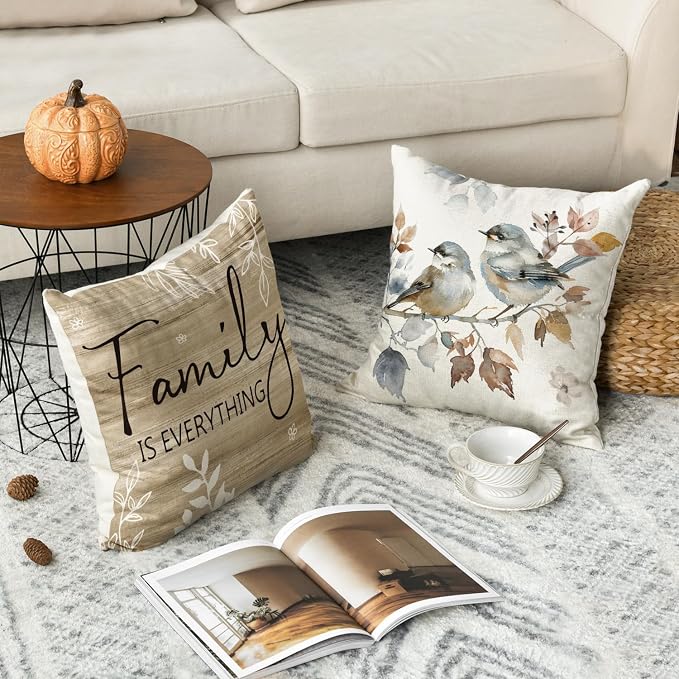 AVOIN colorlife Chinoiserie Poppy Flowers 16x16 Inch Pillow Covers Set of 4 | Chickadee Home Sweet Home Floral Seasonal Autumn Harvest Decoration for Sofa Couch Farmhouse Living Room Decor