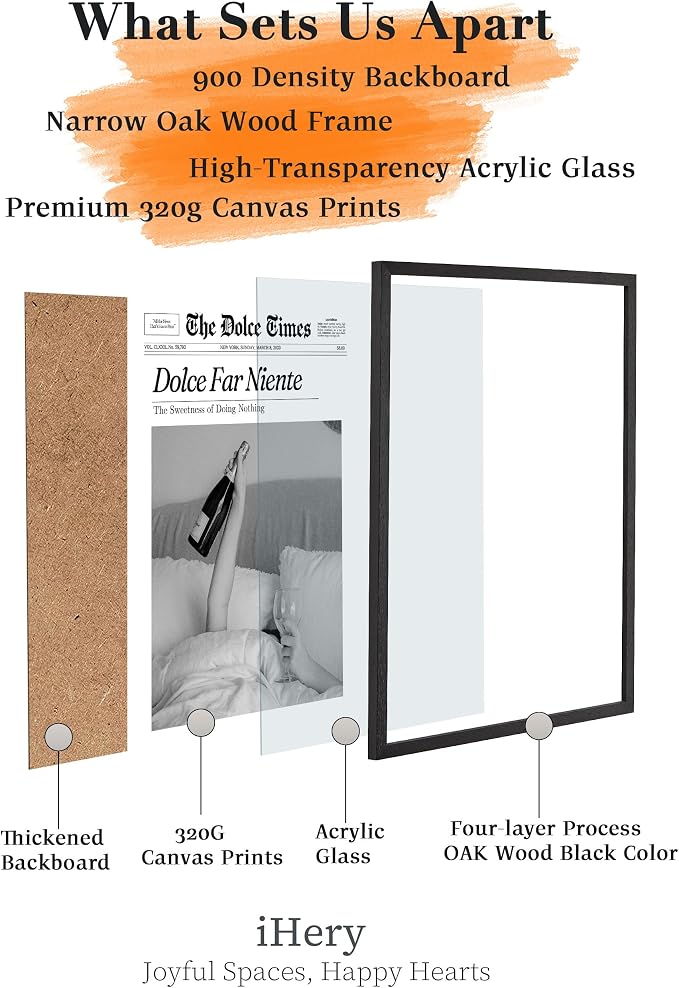 iHery 12x16in Dolce Far Niente Black Framed Newspaper Wall Art | Premium Black Natural OAK Wood Frame with Canvas Print, The Sweetness of Doing Nothing Decor for Bedroom, Living Room 1Pack