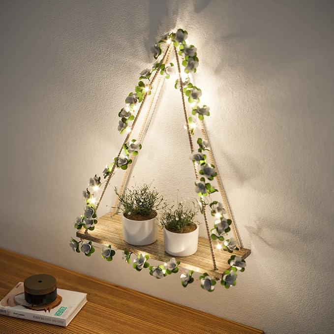 RICHER HOUSE Hanging Floating Shelves No Drill, Macrame Plant Wall Shelf | 2 Set Boho Trinket Shelf with Artificial Ivy, LED Lights, Cute Wall Art Aesthetic Decor, for Bedroom, Dorm, Two-Way Install