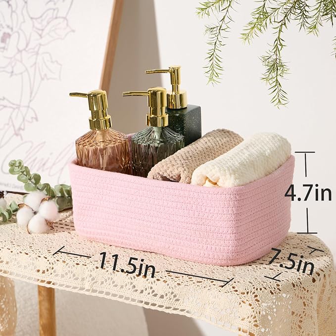 MiniArk Small Storage Baskets for Organizing | Closet Organizer Bins | Shelf Toy Basket | Woven Rope Baskets | Cube Decorative Box | Shallow Basket | 11.5x7.5x4.7” | 3 Packs Pink