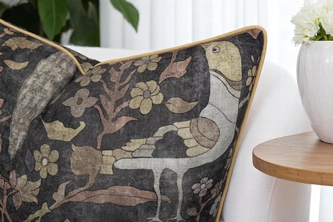 Bird Floral Print 18x18 Throw Pillow Cover, Charcoal | Folk-art birds and blooms on charcoal slub, muted gold piping; both sides printed; hidde; cover only