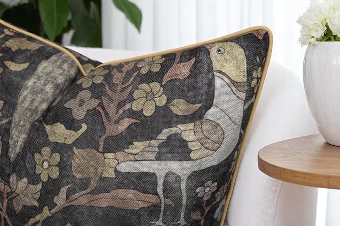 Bird Floral Print 20x20 Throw Pillow Cover, Charcoal | Folk-art birds and blooms on charcoal slub, muted gold piping; both sides printed; hidde; cover only
