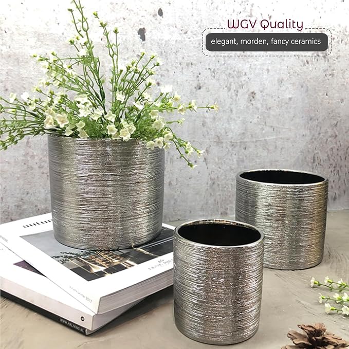 WGVI Silver Etched Ceramic Cylinder Vase Width 6.5" Height 6", Flower Arrangements, Candle Holder, Terrarium Planter Pot, Storage Container Organizer, Pen Brush Holder, Scratched Texture Design, 1 Pc