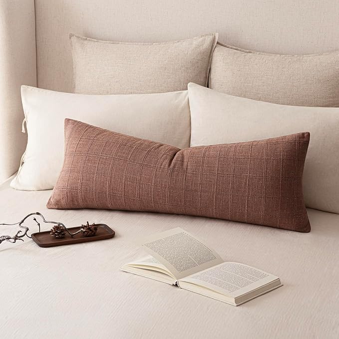 Foindtower Set of 2 Decorative Linen Check Throw Pillow Covers Neutral Farmhouse Vintage Cushion Covers Cozy Modern Boho Home Decor for Sofa Chair Couch Bedroom Living Room,14×36 Inch,Autumnal Red