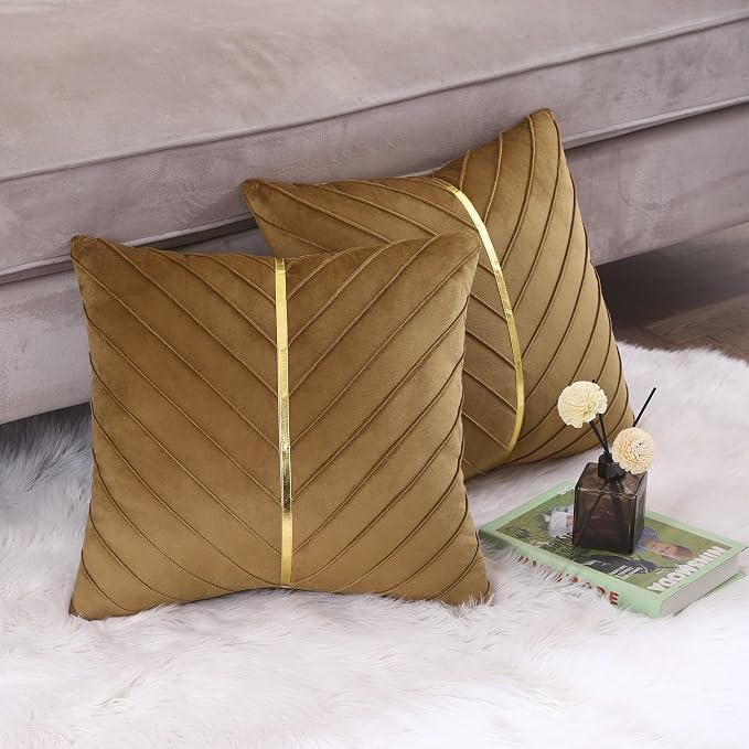 Velvet Throw Pillow Covers 16x16 inch Pack of 2 Gold Decor Brown | Soft Solid Pillow Covers,Modern Luxury Home Decor,for Couch Chair Sofa Bedroom Livingroom,Hidden Zipper,Ideal Gift,Easy Care