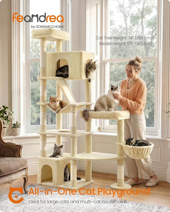 Feandrea 74.1-Inch Cat Tree Tower for Indoor Extra Large Cats, with Scratching Posts, Scratching Board, Multi-Level Design, Beige UPCT016Y101S