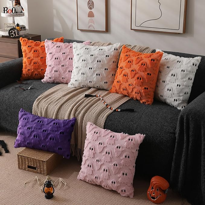 DFXSZ Halloween Pillow Covers 12x20 inch 2Pcs Purple Ghost Halloween Decor | Halloween Decorations Set of 2 Throw Pillow Cases Plush Faux Fur Wool Cushion for Chair Sofa Bedroom Living Room Home Decor